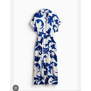 H&M Blue White Collared V-Neck Short Wide Sleeve Tie Waist Shirt Dress Size XXL